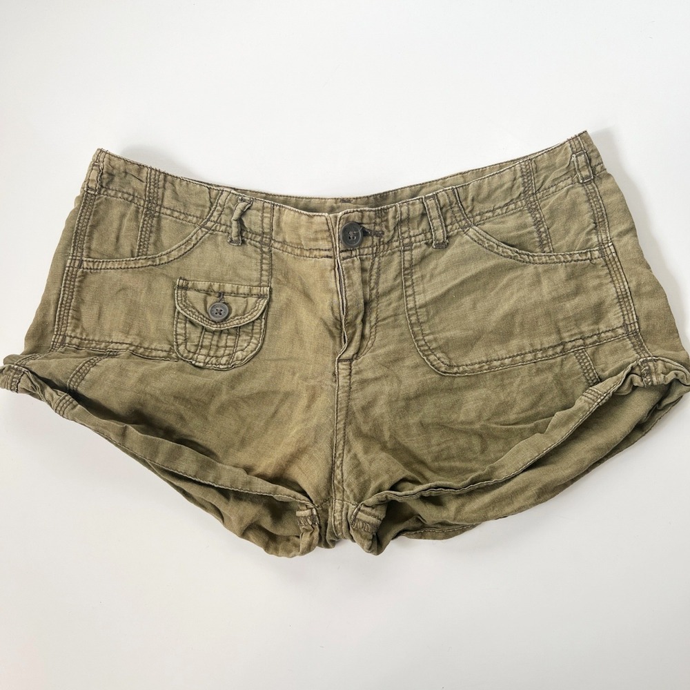 Vintage Y2K Low Rise Micro Mini Shorts Linen Cotton Cargo Green Utility Hipslung